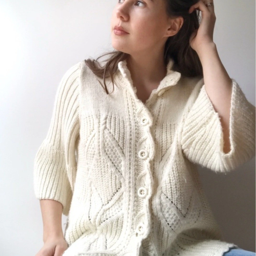 Cardigan Sundance Catalog Taglia L, Avorio Multicolore, Stile Quill, Nuovo Con Etichette