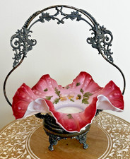 Antique Victorian Cranberry Blown Glass Brides Wedding Basket Silver Plate Stand