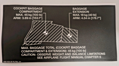 Diamond Aircraft DA40-NG DA1D60-1133-20-19 Placard Baggage Weight Limit, English