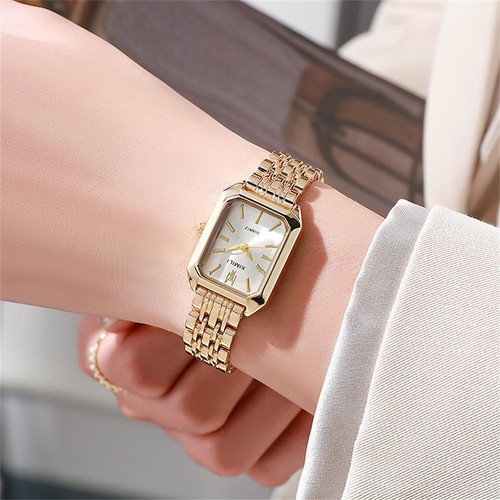 Luxus 2024 Neu Damen Quarz Uhr Mode Schlicht Eckig Gold Damen Edelstahl - Bild 7 von 14