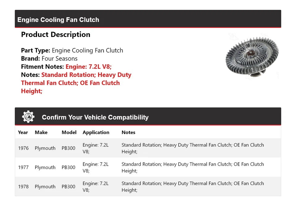 For 1976-1978 Plymouth PB300 7.2L V8 Engine Cooling Fan Clutch 4 Seasons 1977 - Image 2 of 4
