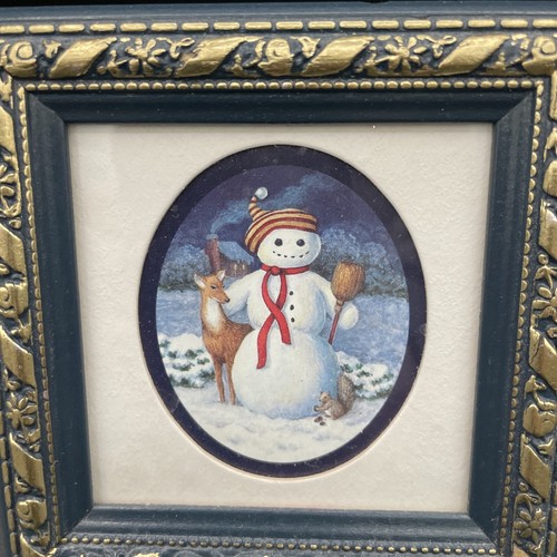 Heartfelt Collection "Snowman & Deer" Kathy Seek - Mini Art Print Blue Framed - Picture 2 of 6