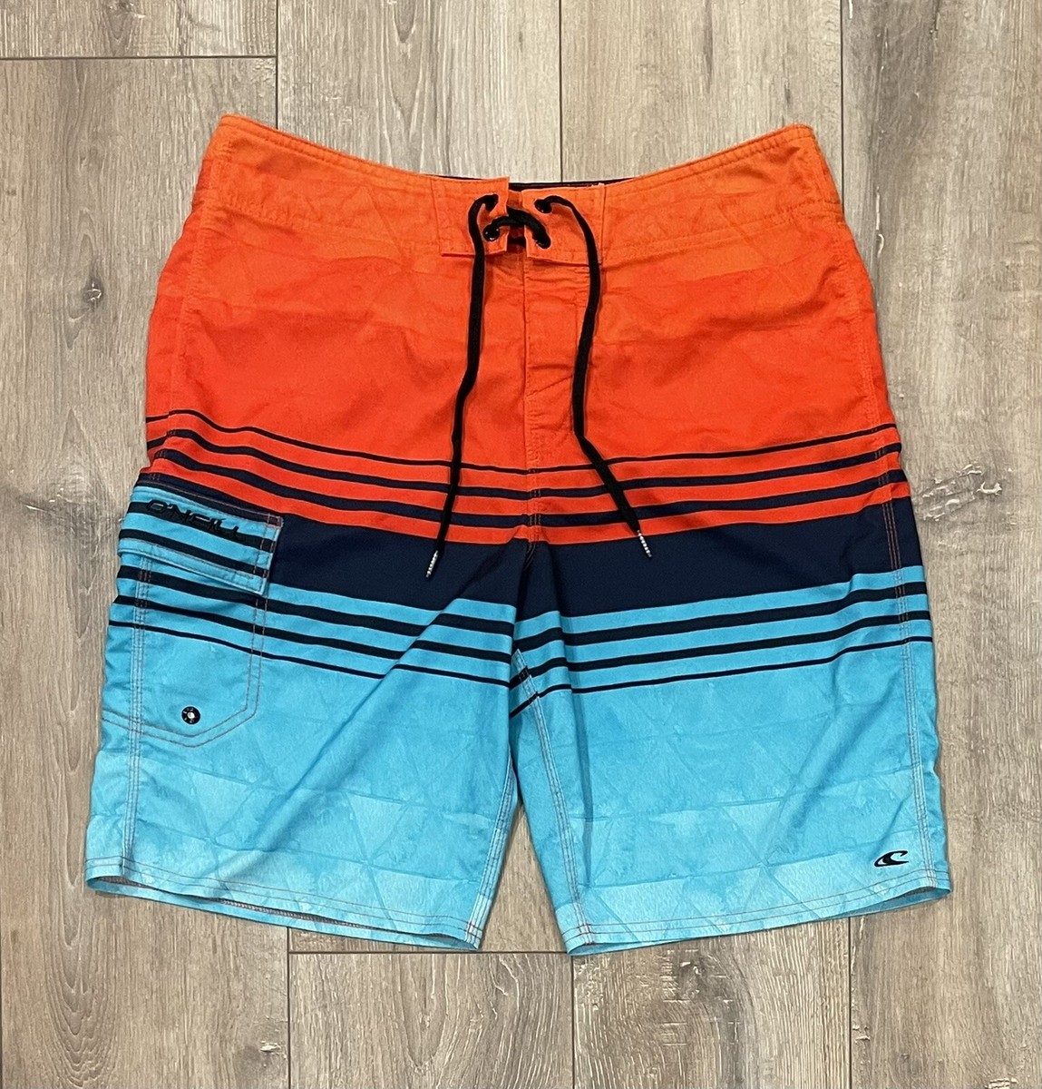O’NEILL Men’s Striped Board Shorts Swim Trunks 32 Neon Orange Blue Cargo  Pocket