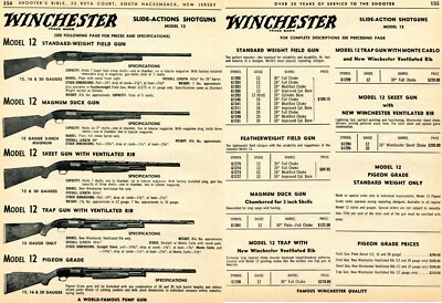 1963 2pg Print Ad of Winchester Model 12 Trap Skeet & Magnum Duck Gun Shotgun