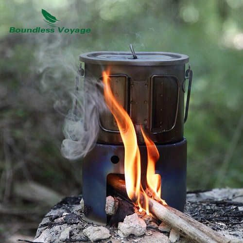 Camping Titanium Pot Wood Stove Set 2 in1 Outdoor Canteen Cup Hanging Pot Burner - Picture 2 of 18