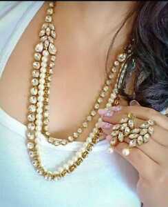 Indian Jewelry Ethnic Bollywood Long Necklace Earrings Pearl Kundan Set