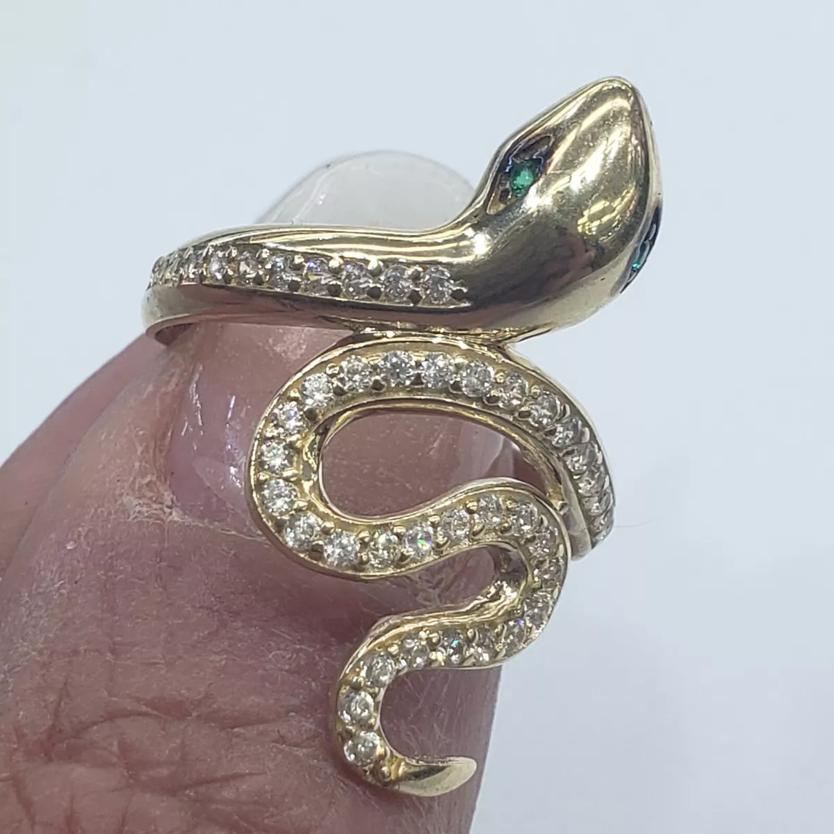 Solid 14k yellow gold snake Ring Size 5 6 7 8 9 green eye
