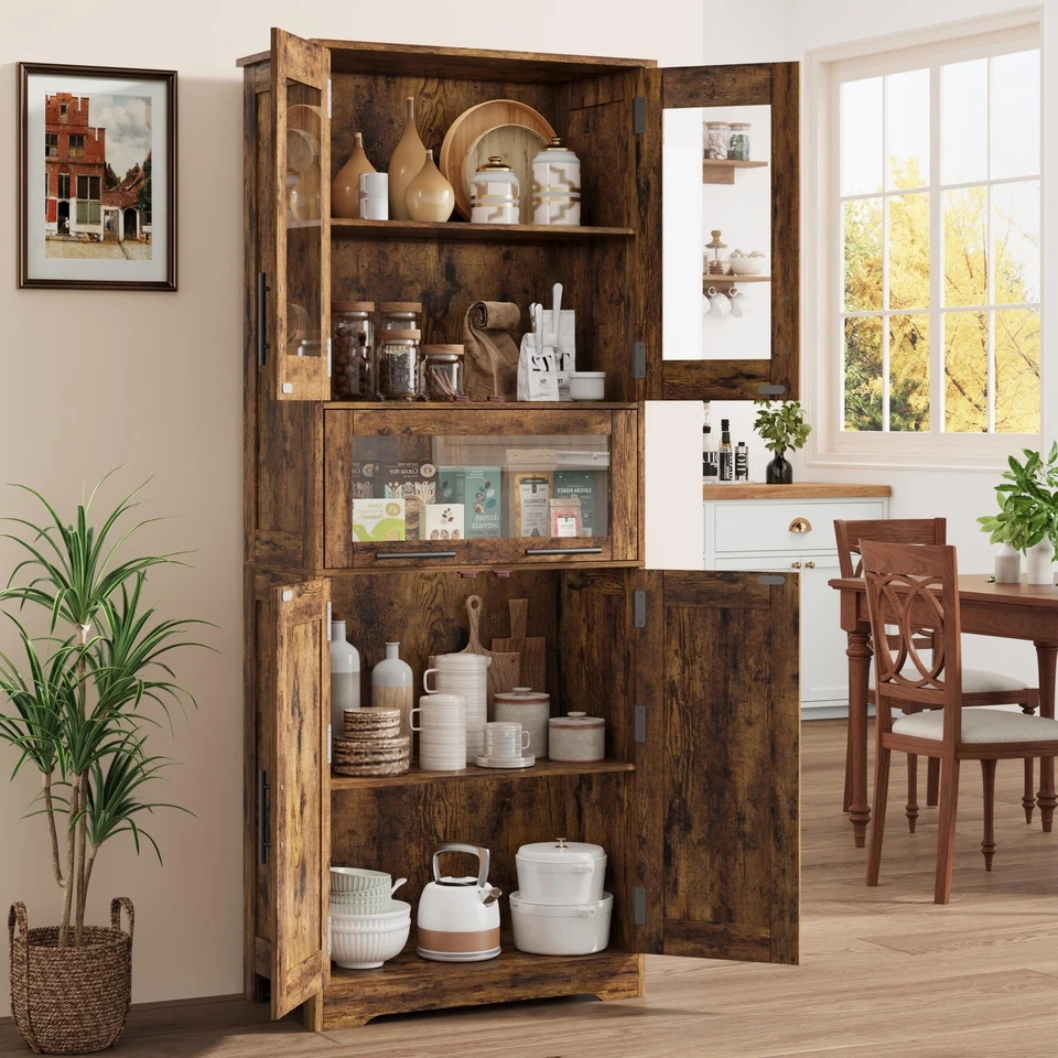 67" Farmhouse Tall Kitchen Bathroom Cabinet Cupboard With Double Doors & Shelves - Image 4 of 4