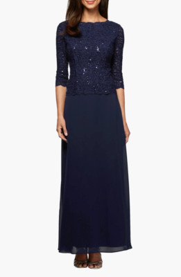 Alex Evenings Women's Blue Sequin Embellished Lace Top Gown 4503 Size 12