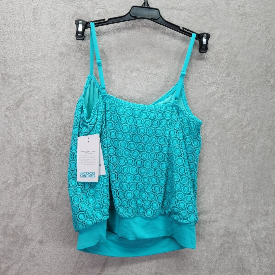 Coco Contours 坦基尼上衣,尺寸 10 34C/D 钩针编织文胸,尺寸游泳花边海蓝宝石 — 第 3/4 张图片