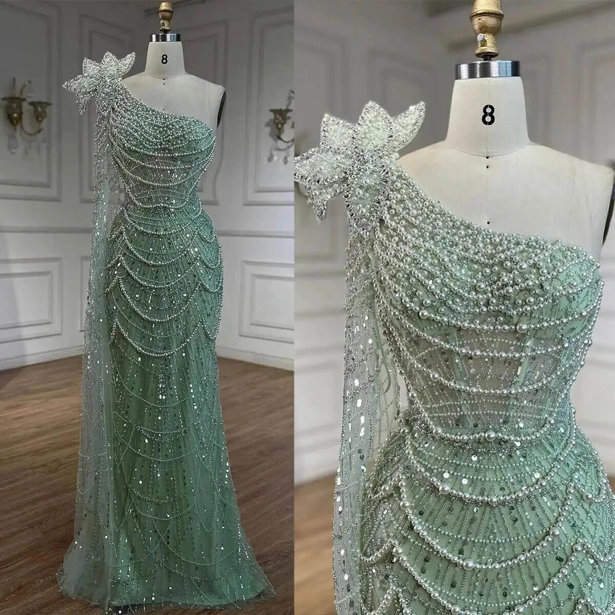 Mint Green Beaded One Shoulder Prom Dresses Pearl Mermaid Long Pageant Dress  | eBay