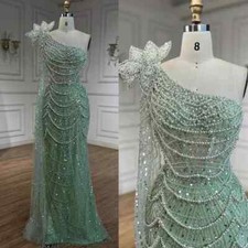 Mint Green Beaded One Shoulder Prom Dresses Pearl Mermaid Long Pageant Gowns
