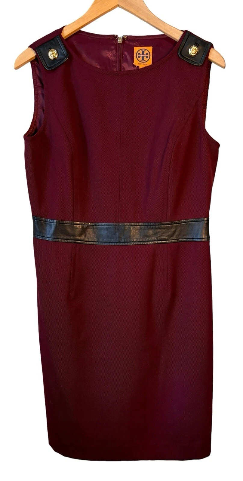 Abito senza guaina Tory Burch finiture in pelle misto lana vino accenti dorati 12