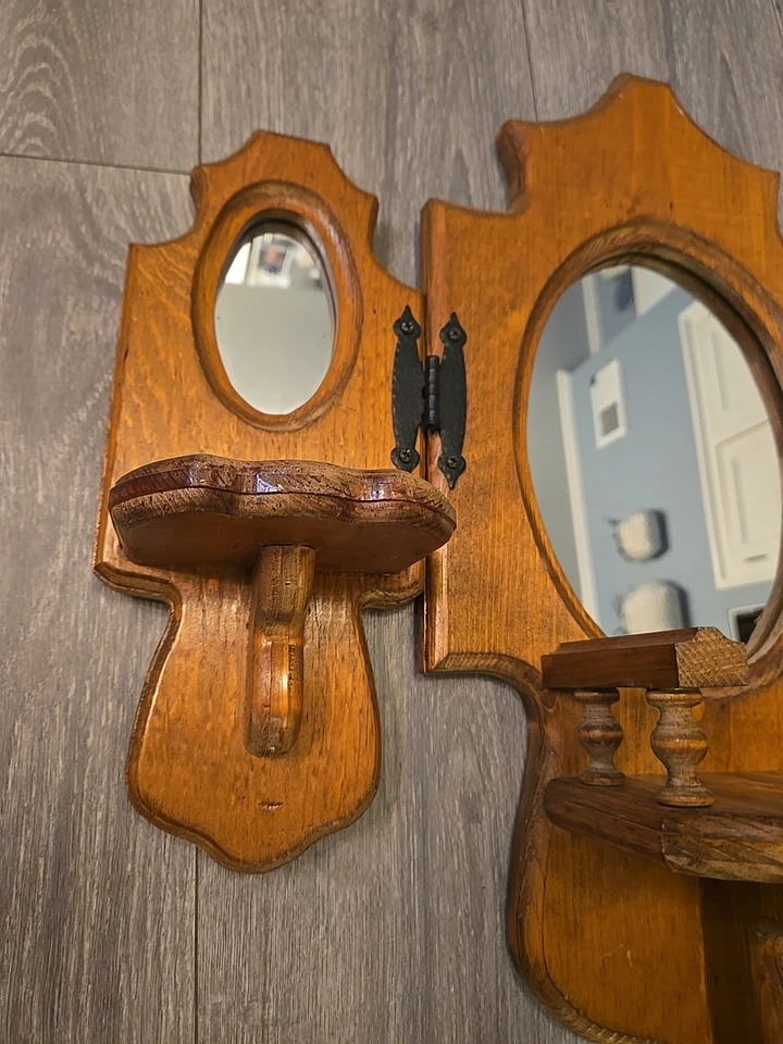 Espejo tríptico de madera vintage con estantes decoración de pared casa de campo Foto 3 de 4