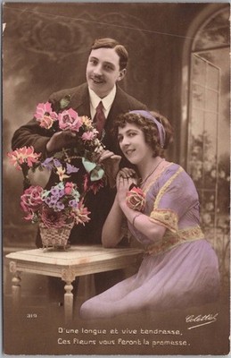1914 French RPPC Photo Romance Postcard ''These Flowers Will Make You a Promise''