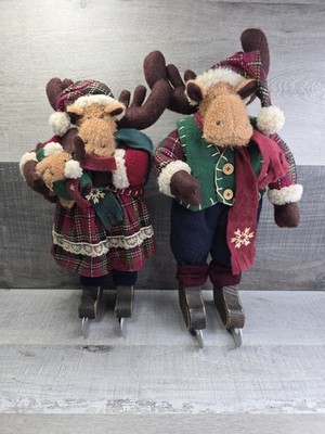 Vintage 2 Chris Moose Christmas Decor Ice Skating Couple Baby Winter Family b189