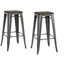 DHP Fusion 30" Stackable Metal Backless Bar Stools with Wood Seat, Silver,