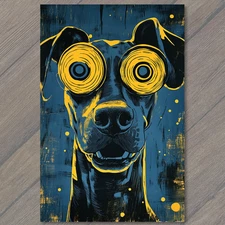 Art Print Dog Yellow Spiral Eyes Trippy Hypnotic Pop Art Blue Black Weird Pup