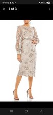 Mac Duggal NWT Beige Embellished High Neck Illusion Long Sleeve Midi Dress Sz 12