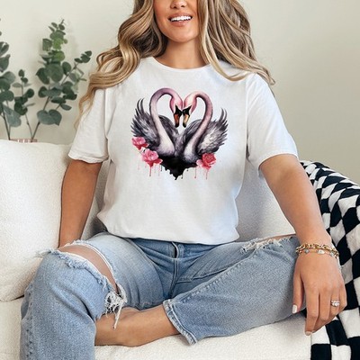 Zwei Schwäne Herz Rosen Damen ringgesponnen T-Shirt Natur Vogel Liebe Geschenk für Sie