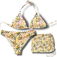 NWT 3PC Bikini Set MD Triangle Swimsuit Ruched Skirt Sarong Lemons Palm Tree YMI