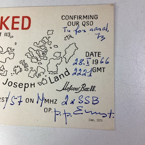 USSR QSL Radio Card 1966 Franz Joseph Land Moscow Box 88 - Afbeelding 3 van 5