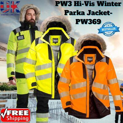 PORTWEST PW3 Hi Vis Winter Parka Jacke Isoliert Motorhaube Sicherheit Arbeitskleidung