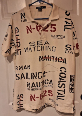 Nautica Polo Shirt Mens Large SS Sailing Surf Casting Sea Watching Spellout