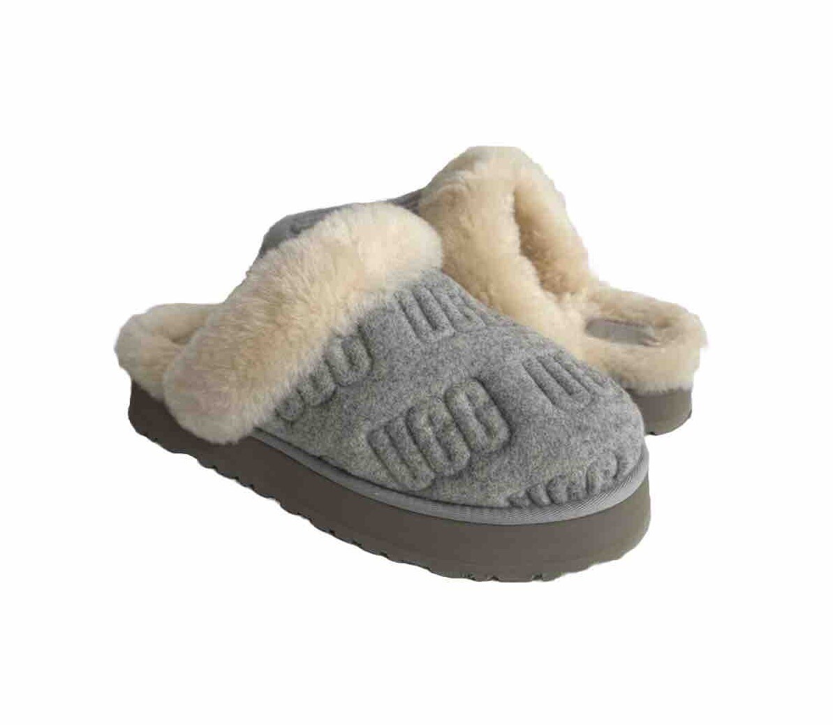 UGG DISQUETTE FELTED GREY GRAY SHEARLING CUFF SLIDE SANDALS US 7