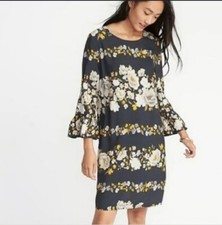 Old Navy Gray Floral Tunic Dress Sheath Shift Cottagecore Fairy 3/4 Bell Slv XS