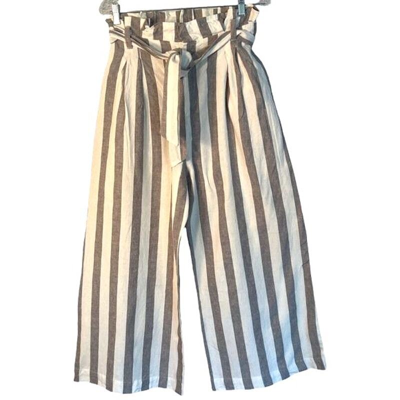 Olivaceous Pants Womens Size L Gray White Stripe Linen Pockets Wide Leg Zip