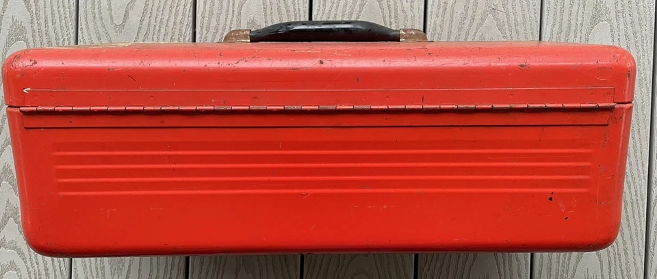 VINTAGE SIMONSEN RALLY LINE TOOL BOX Orange STEEL METAL 19" LONG - Image 3 of 4