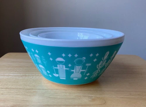 Vintage Charm Inspired By Pyrex RISE 'N SHINE Turquoise White Bowl Set - EUC