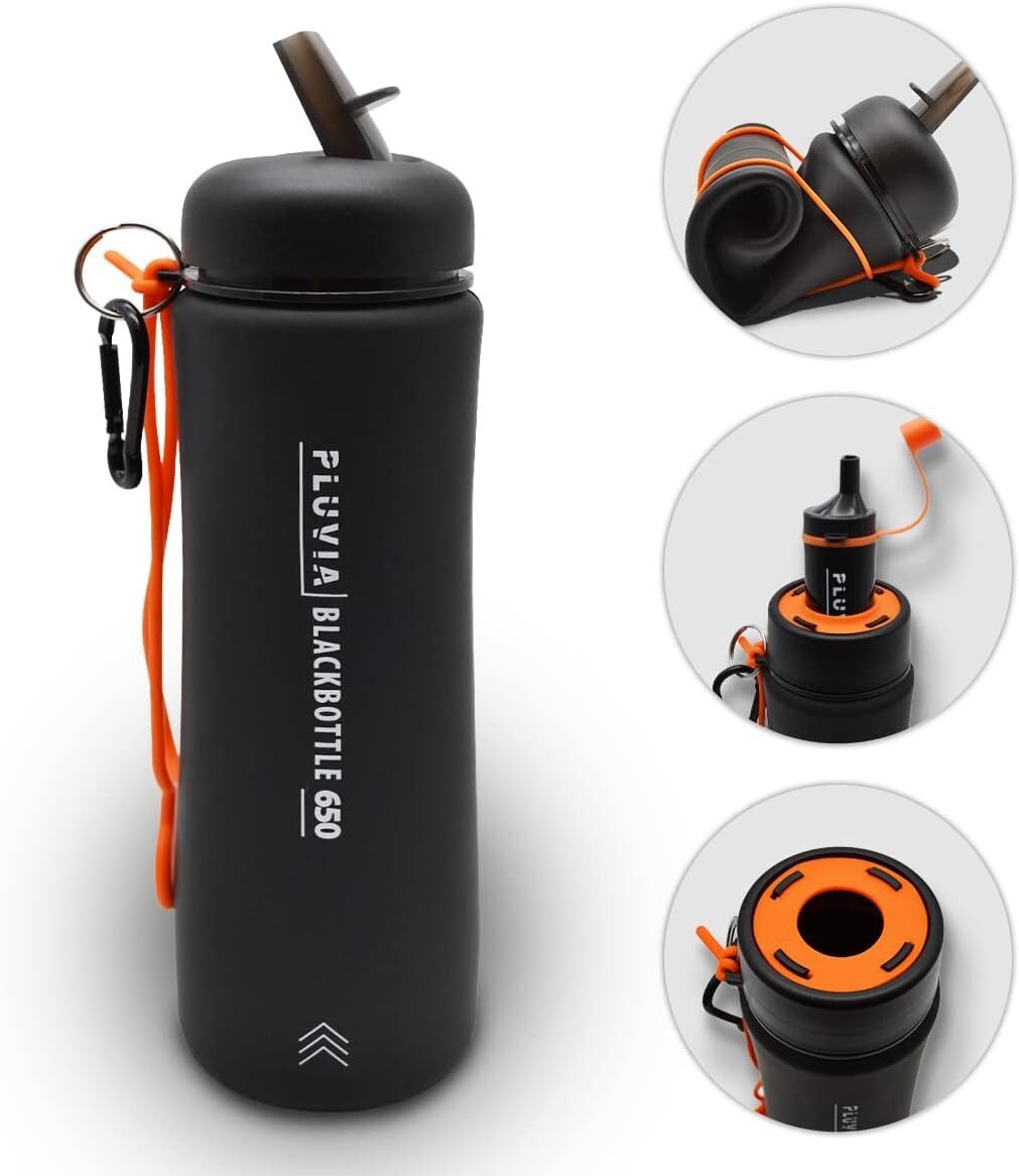 Pluvia® Blackbottle 650ml Outdoor Wasserflasche faltbar BPA frei inkl. Karabiner