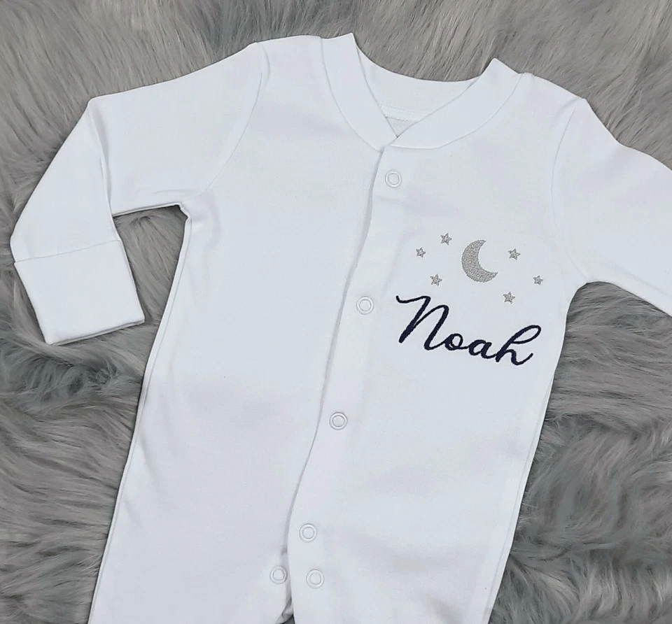 Personalised Moon and Stars Baby grow, Sleepsuit, Embroidered Custom Gift