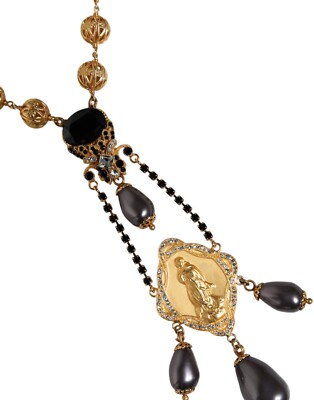 DOLCE & GABBANA Necklace Gold Chain Brass Black Beaded Rosary