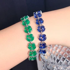 Silver Plated Cubic Zirconia Women Green Crystal Leaf Water Drop Chain Bracelet 