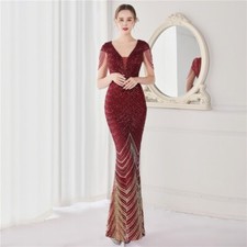 Lady Sequin Evening Dress Beading Sleeve Deep V Long Formal Prom Dresses Elegant