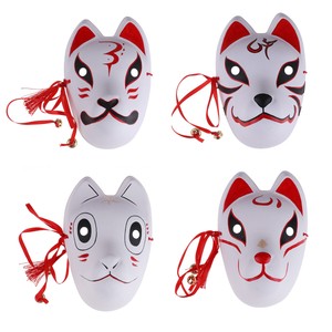 Full Face Hand-Painted Japanese Animal Fox Mask with Tassels Small Bells Cosplay