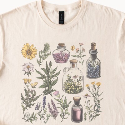 Herbal Apothecary Shirt Bottles and Wildflowers Graphic Natural Color Shirt