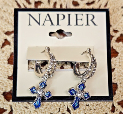 NWT Napier Silver Tone Blue Cross Hoop Drop Earrings Blue & Clear Rhinestones