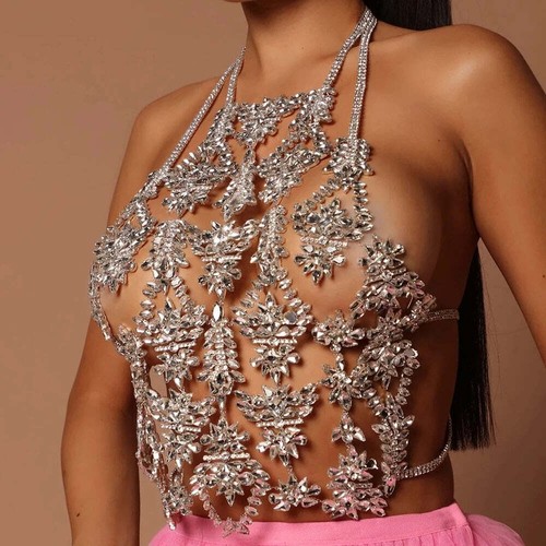 Strass Körperkette Schmuck Halloween Karneval Kostüm Kristall Brustkette BH - Bild 2 von 14