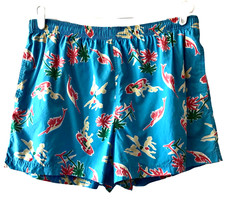J Crew Mens Blue Palm Trees Fish Divers Drawstring Lined Swim Trunks Shorts L