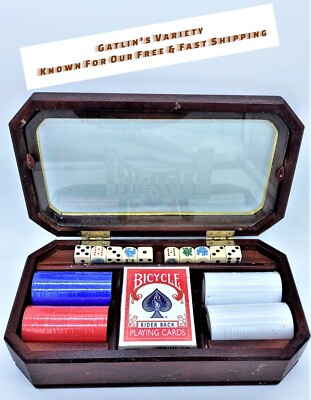 Vintage Bicycle Executive Poker Set Wood Glass Storage Box Chips Cards Dice 