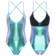Women's One Piece Shiny Metallic High Cut Leotard Camisole Bodysuit Clubwear