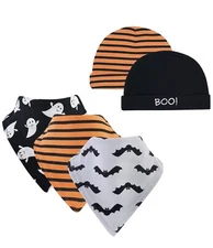 Hudson Baby Halloween Cotton Bib and Hats 5 Piece Set 0-6 Months Infant NWT