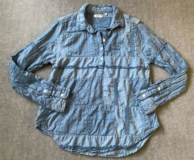 Dylan Womens Blouse Patchwork Embroidered Cotton Boho Cottagecore Blue Size XS