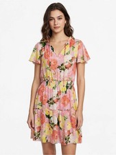 Belle + Sky Small Pink Floral Dress Flutter Sleeve Tiered Smocked Waist Boho