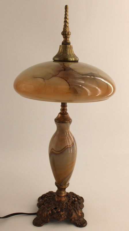 Vtg Art Nouveau Blown Glass Table Lamp w/ Brass Base, Caramel Slag, Houze?