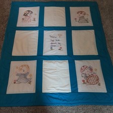 Pretty Blue Hand-embroidered Baby Quilt, 33 x 40, "Now I Lay Me Down To Sleep"